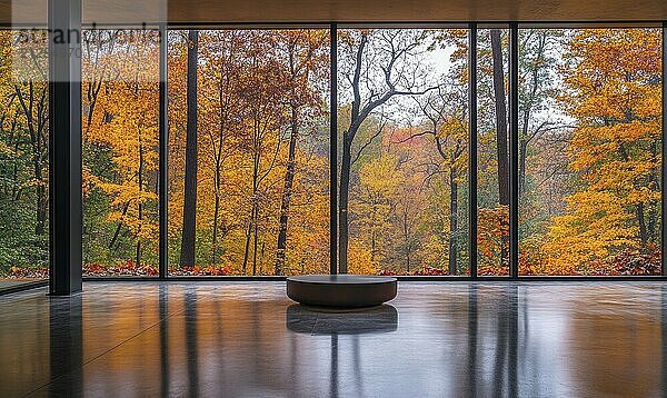 Heller Raum  bodentiefe Fenster  Blick auf den nebligen Herbstwald draußen  buntes Laub AI erzeugt  KI generiert