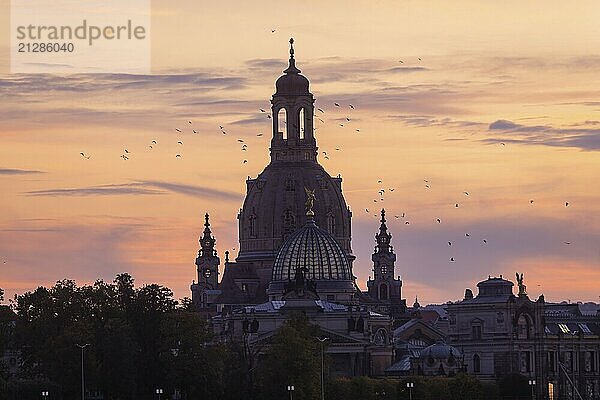 Die historische Altstadt von Dresden mit der Frauenkirche und der Kuppel mit der Fama.  Dresden Silhouette am Abend  Dresden  Sachsen  Deutschland  Europa