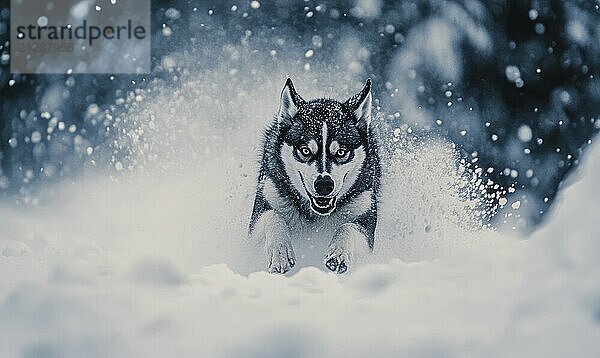 Ein Hund rennt mit offenem Maul durch den Schnee. Der Hund scheint in spielerischer Stimmung zu sein und genießt den Schnee und das kalte Wetter  das AI erzeugt  KI generiert