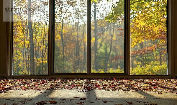 Blick aus dem großen Fenster auf eine neblige Herbstlandschaft AI generiert  KI generiert