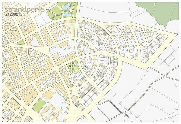 Imaginäre Katasterkarte eines Gebiets mit Gebäuden und Straßen