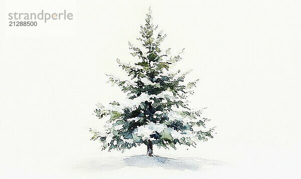 Aquarell einer schneebedeckten Kiefer. Der Baum ist der Hauptfokus des Gemäldes  und er steht groß und stolz im Schnee. Der weiße Schnee  der den Baum bedeckt  schafft eine heitere KI erzeugt  KI generiert