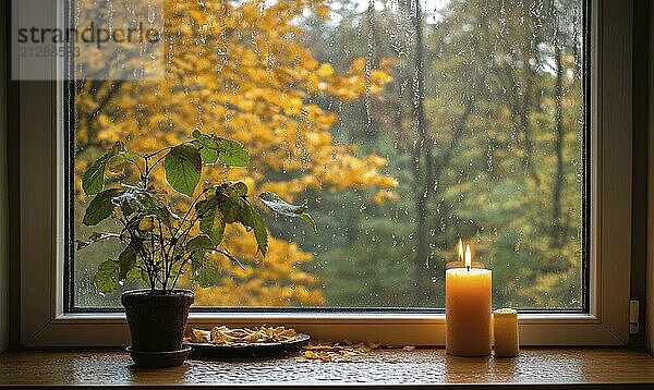 Gemütliche Ecke  breites Fenster  lebendige Herbst Wald draußen  Regentropfen auf Blättern AI generiert  KI generiert