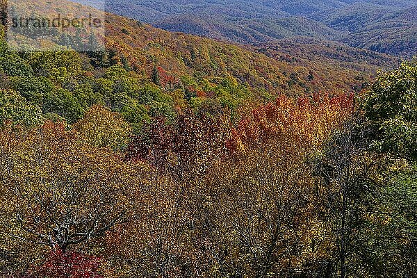 Luftaufnahme der wunderschönen Felsformationen in den Bergen von North Carolina  während sich die Blätter im ersten Teil des Herbstes zu verändern beginnen