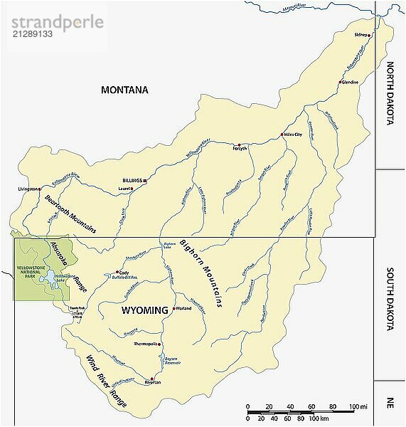 Vektorkarte des Yellowstone Riverbeckens in Montana und Wyoming  USA  Nordamerika