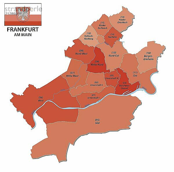 Administrative Vektorkarte von Frankfurt mit allen Stadtteilen