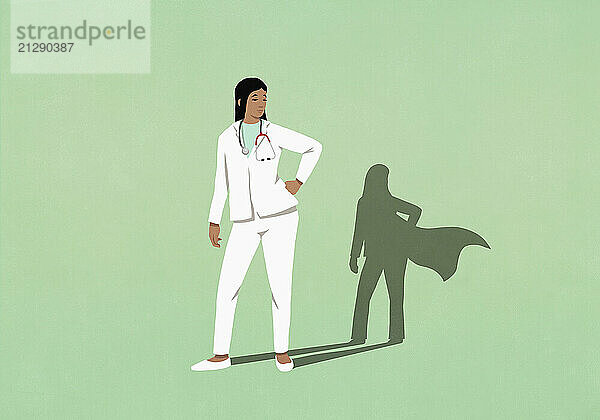 Superhero shadow of female doctor on green background