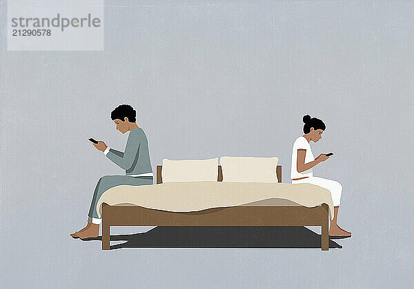 Distracted couple using smart phones back to back on bed