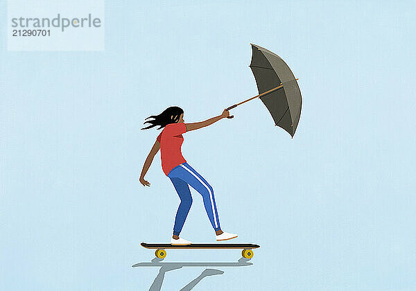 Girl with umbrella skateboarding in wind on blue background