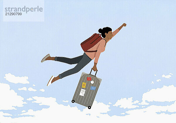 Carefree woman with backpack and suitcase flying in sky