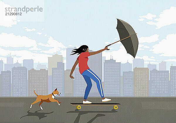 Dog chasing girl skateboarding with umbrella in windy city