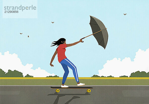 Girl skateboarding  using umbrella as sail on rural sidewalk