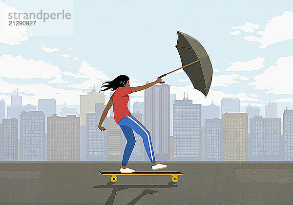 Girl on skateboard using umbrella as sail in windy city