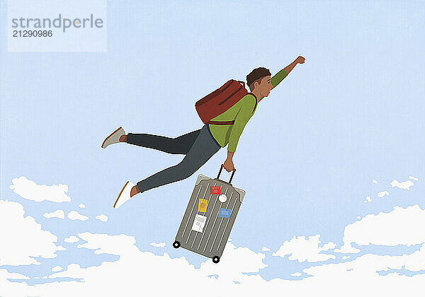 Carefree young man with backpack and suitcase flying in sky