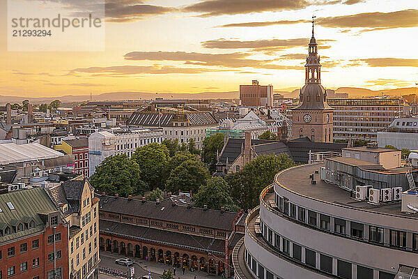 View of Oslo Cathedral and city skyline from elevated position at sunset  Oslo  Norway  Scandinavia  Europe