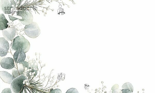 A white background with a green leafy border and a bell in the middle. The bell is surrounded by snowflakes and the leaves are green AI generated