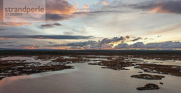 Sunset  drone shot  aerial view  lakes  moor landscape  Lapland  Finland  Europe