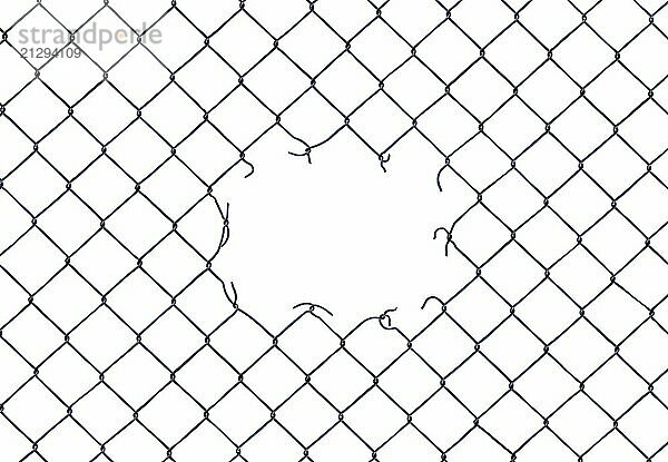 Framing Image Of A Hole In A Chain-Link Fence On A White Background