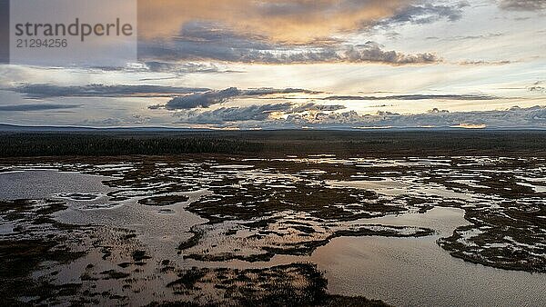 Sunset  drone shot  aerial view  lakes  moor landscape  Lapland  Finland  Europe