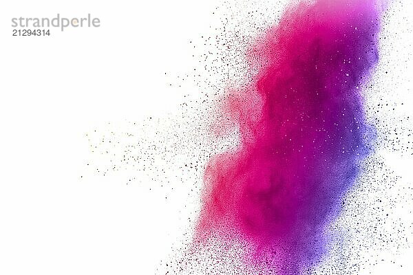 Pink color powder explosion on white background