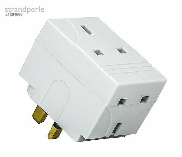 Isolated UK Mains Power Cube Adaptor Plug On A White Background