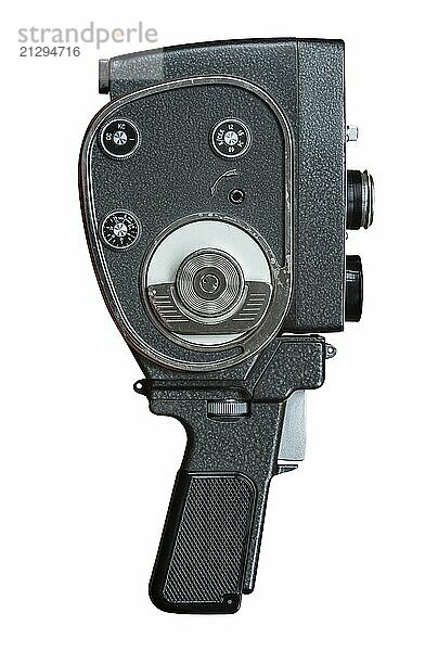 An Isolated Retro Vintage Hand Held Super 8 Film Camera On A White Background