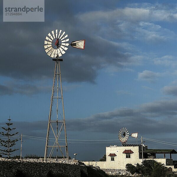 View of typical cottage and wind wheels in the countryside of Malta in warm evening light