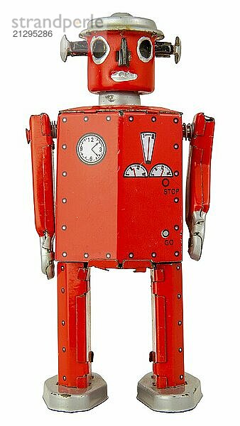 Vintage Retro Red Windup Robot Toy  Isolated On A White Background