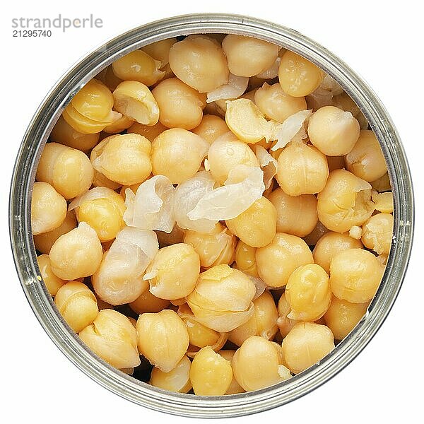 Flat lay view at opened tin can with chickpeas isolated on white background