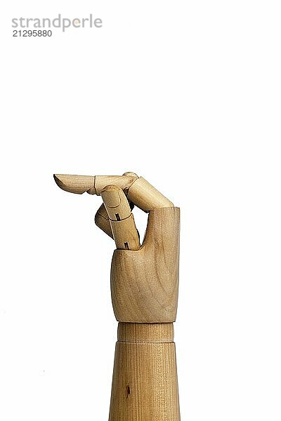 Artificial hand made of wood  in front of a white background