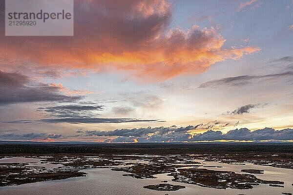 Sunset  drone shot  aerial view  lakes  moor landscape  Lapland  Finland  Europe