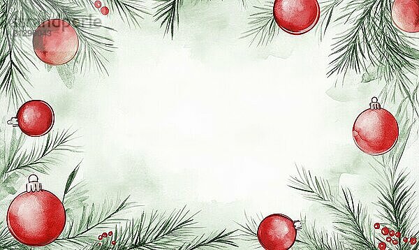 A Christmas tree with red ornaments and a white background. The tree is surrounded by a frame of green leaves AI generated