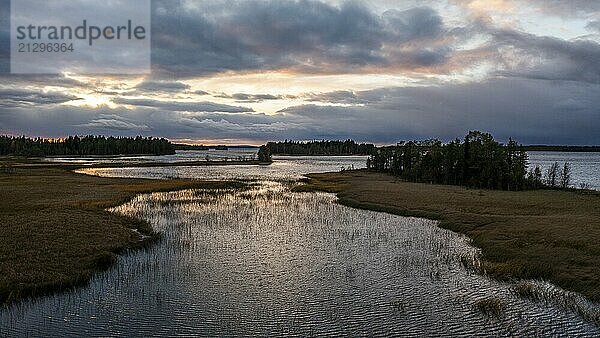 Sunset  drone shot  aerial view  lakes  moor landscape  Lapland  Finland  Europe