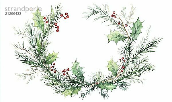 A watercolor painting of a wreath of evergreen branches with red berries. The wreath is surrounded by a white background AI generated