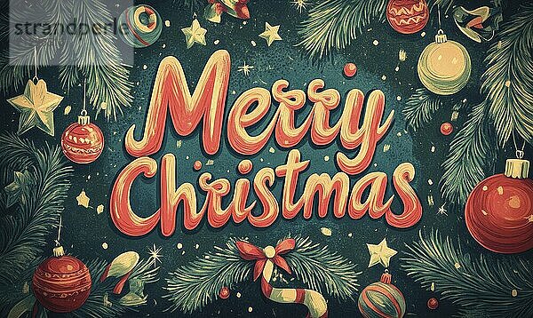 Merry Christmas is written in a colorful  artistic style on a blue background. A tree with many ornaments  including a bow  and a star. Scene is festive and joyful AI generated