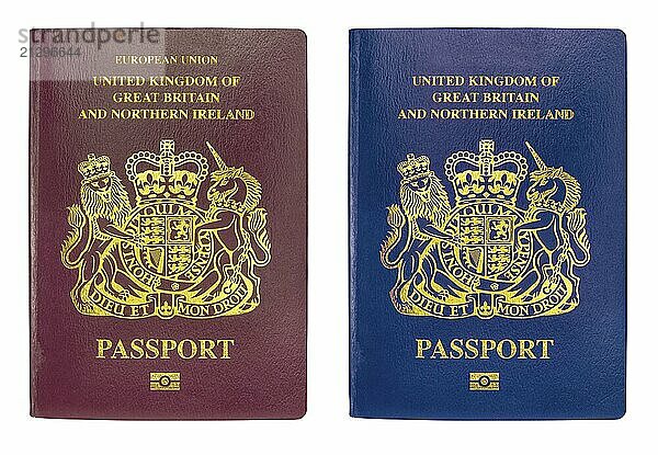 The Old Burgundy British Passport And The New Blue One Introduced After Brexit  Isolated On A White Background