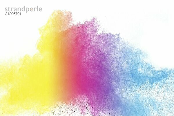 Abstract color powder explosion on white background.Freeze motion of dust splash. Painted Holi in festival