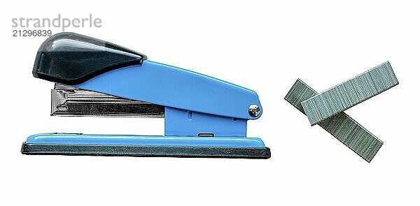 Isolated Blue Stapler And Staples On A White Background