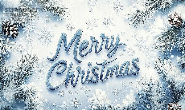 Merry Christmas is written in blue letters on a white background. Snow and pine trees  giving it a festive and joyful atmosphere AI generated