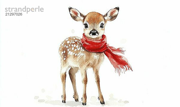 A cute little deer with a red scarf around its neck. The scarf is red and white  and it looks like it's keeping the deer warm. The deer is standing on a white background AI generated