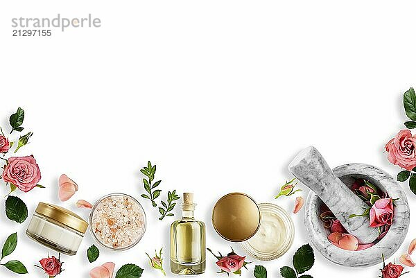 Beauty cosmetisc products on white background flat lay