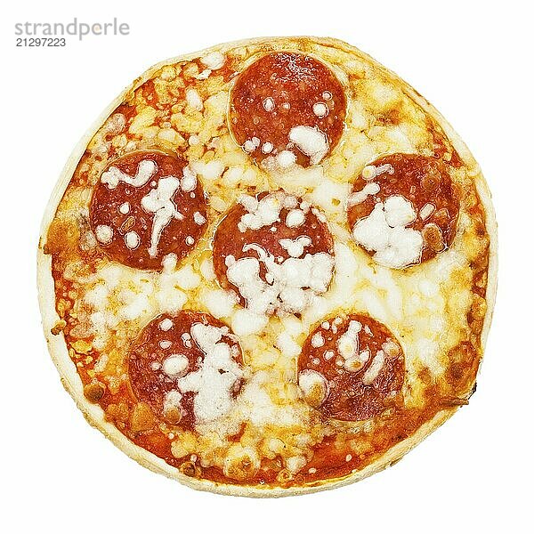 Cheap frozen pizza from the supermarket against a white background