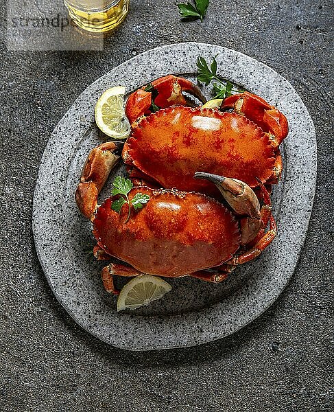 Food  Food  Whole cooked crabs on white plate with lemon and beer. Gray concrete background. Top view