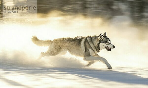 A dog is running through the snow with its tongue out. The dog is white and gray  and it is enjoying the cold weather AI generated