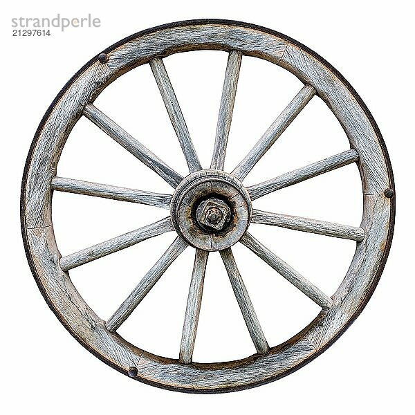 Grungy Old Wooden Wagon Wheel Isolated On A White Background