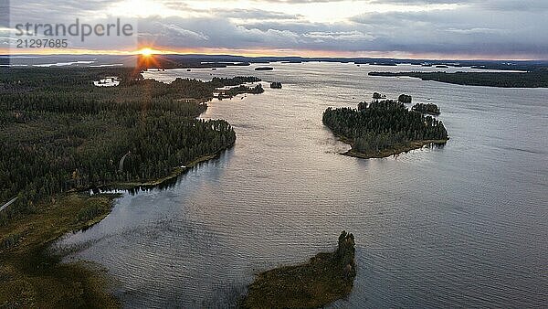 Sunset  drone shot  aerial view  lakes  moor landscape  Lapland  Finland  Europe