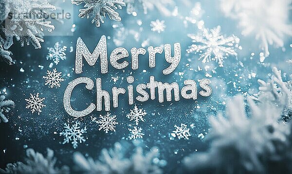 Merry Christmas is written in a snowflake style on a blue background. The snowflakes are scattered throughout the image  creating a festive and joyful atmosphere AI generated