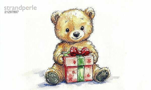 A teddy bear is holding a red and green gift box. The bear is sitting on a white background AI generated