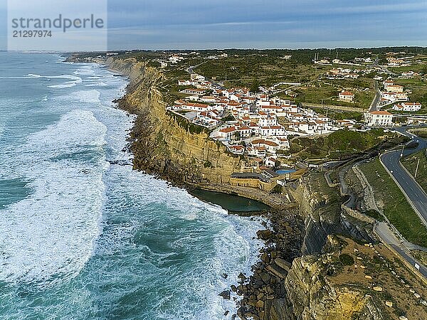 Aerial view of beautiful coastal town Azenhas do Mar in Portugal. The picturesque town on the Atlantic ocean