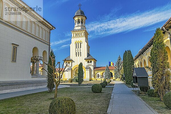 Beautiful view to the Coronation Reunification Cathedral Bell Tower in Alba Iulia city  Romania. A Bell Tower on a sunny day in Alba Iulia  Romania  Europe